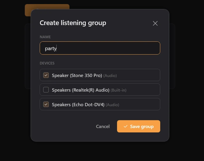 Soundoper Create listening group dialog with selected audio devices