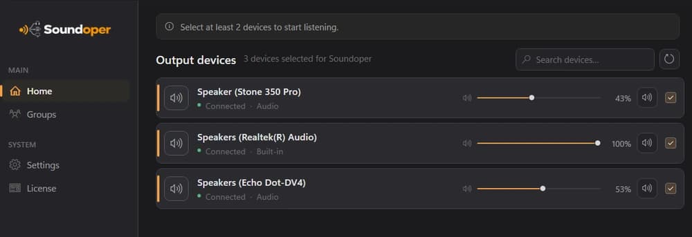 Soundoper Home view showing three selected output devices with individual volume controls