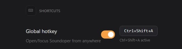 Soundoper Settings showing the active Ctrl+Shift+A global hotkey
