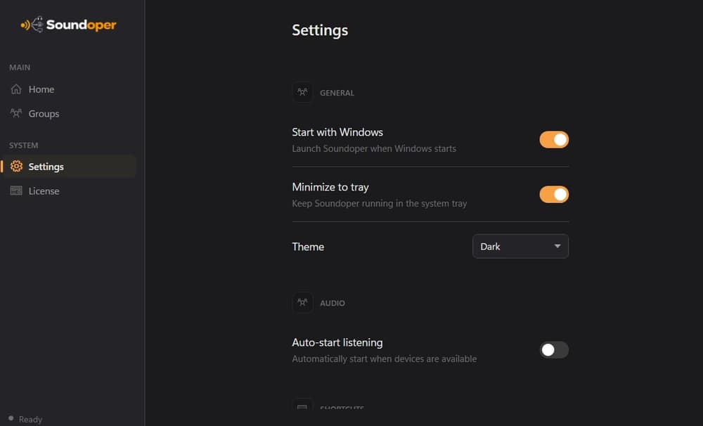 Soundoper Settings page showing startup, tray, theme, and audio controls